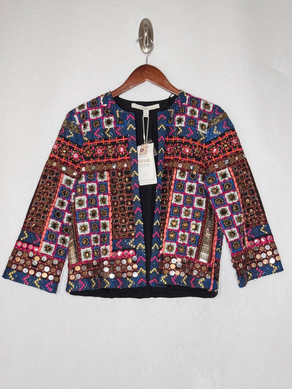 Zara Trafaluc Jacket Embroidered Hand Beaded Blazer Sequin Fall Boho SZ Small